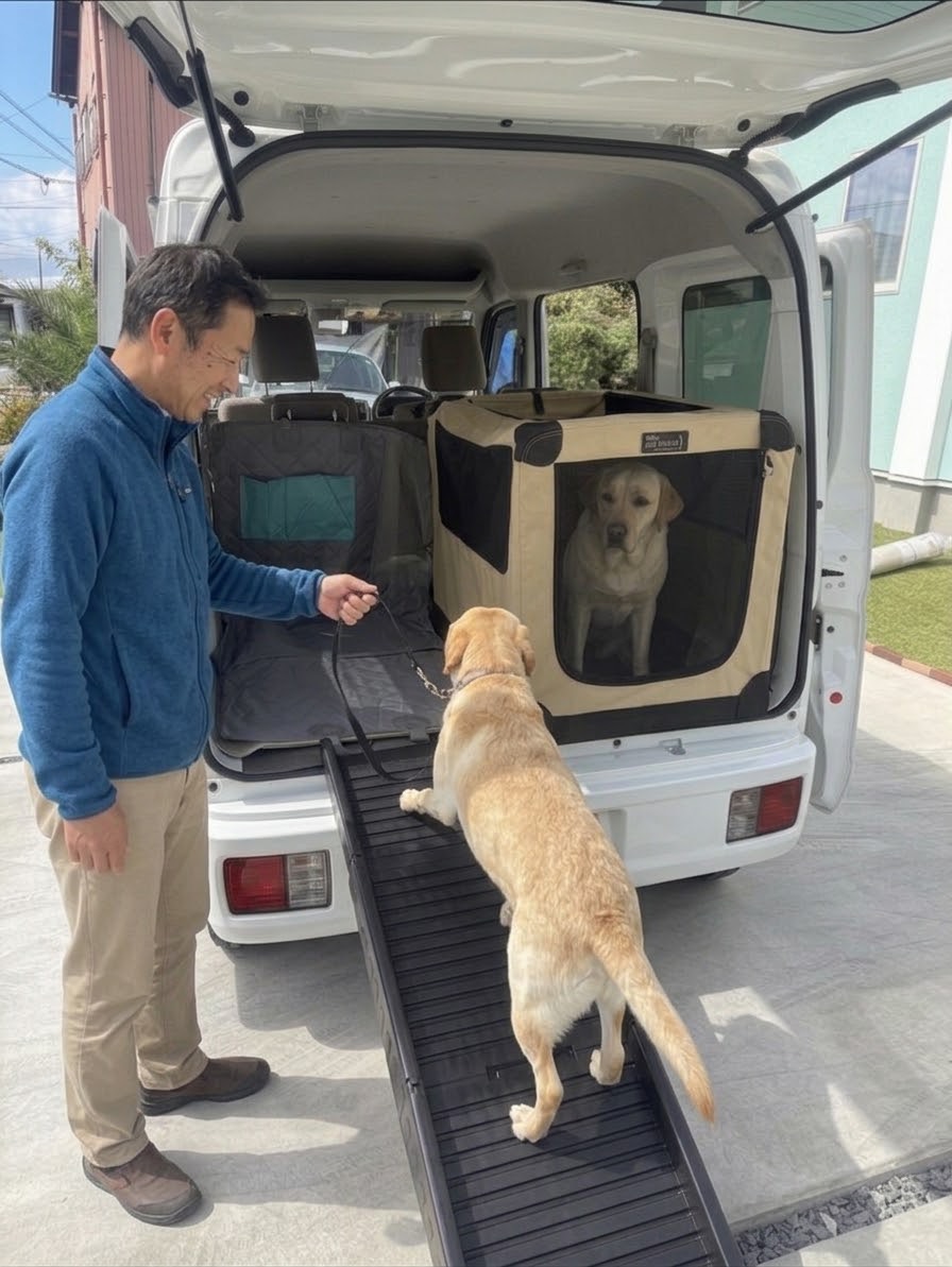 スタッフのサポートで専用スロープから乗車する大型犬