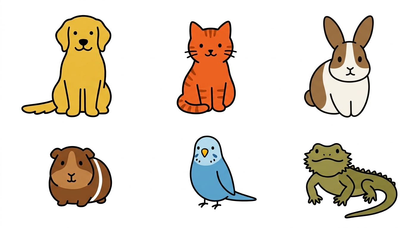 犬、猫、うさぎ、モルモット、小鳥、トカゲのイラスト